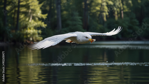 a white eagle flies over the water in the forest photo