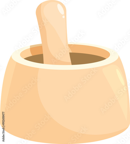 Wooden mortar and pestle crushing ingredients, preparing spices for cooking