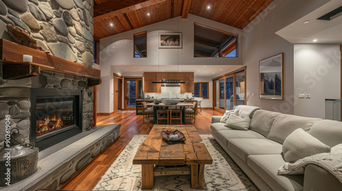 grand canapé dans un salon d'une vaste villa avec table basse et baie vitrée