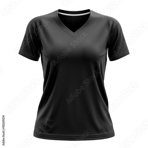Women's black V-neck T-shirt isolated on transparent background. Generative AI