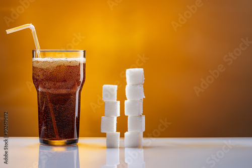 a glass of carbonated soft drink and its equivalent in sugar cubes arranged on a solid colored background