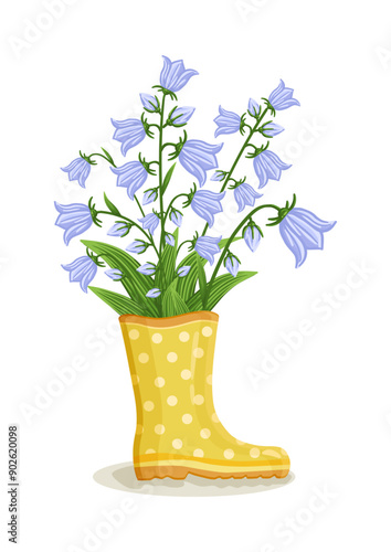 Bouquet of bluebell flowers in yellow rain boot. Spring composition for Women's Day, Mother's Day, Valentine's Day and other holidays. Spring floral design isolated vector illustration.