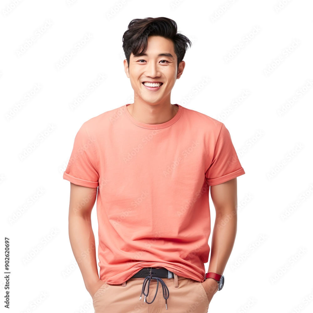 Front view mid shot of a handsome Asian man dressed in a coral T-shirt and denim shorts, smiling on a white transparent background Front view mid shot of a handsome Asian man dressed in a coral T-shirt and denim shorts, smiling on a white transparent background