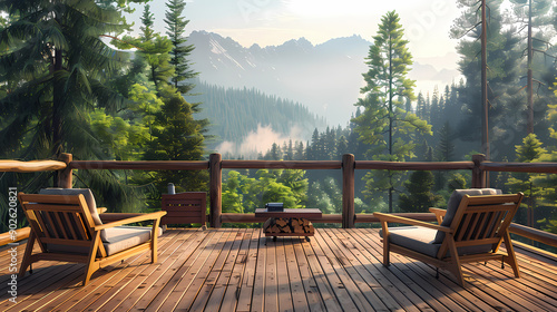 Two chairs sit on a wooden deck overlooking a misty valley with a mountain range in the distance. The deck is surrounded by tall pine trees and the morning sun casts a warm glow on the scene.