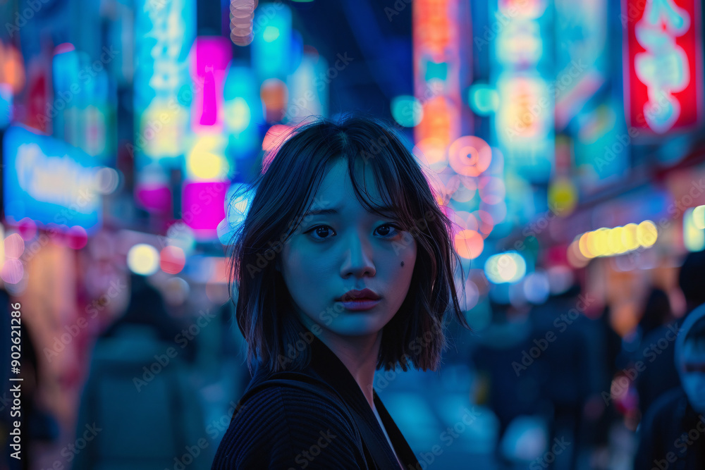 A young woman with short dark hair stares intently at the camera, standing in front of a blurred background of neon lights. A young woman with short dark hair stares intently at the camera, standing in front of a blurred background of neon lights.
