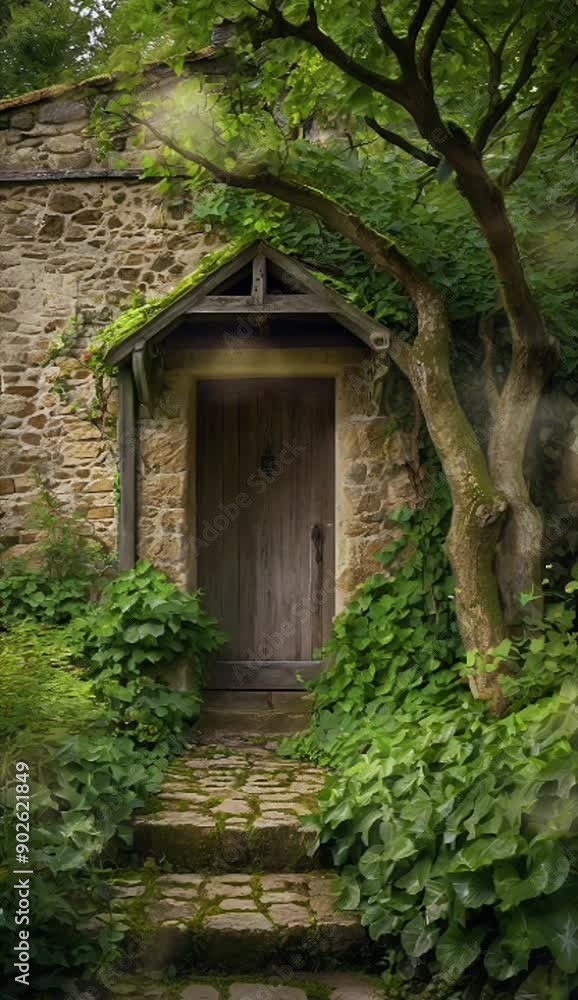 front of an abandoned old stone house, creeping plants, seamless looping 4k video Vertical animated background front of an abandoned old stone house, creeping plants, seamless looping 4k video Vertical animated background