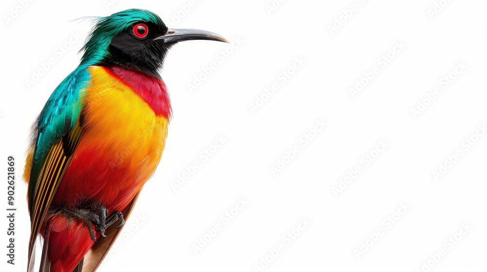 Fototapeta premium Brightly colored tropical bird with a long tail, isolated, simple background, right side text space