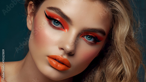 Wallpaper Mural This beautiful portrait features a woman with glamorous red makeup, gold glitter, bold lipstick and long eyelashes that exude an aura of confidence, perfect for a special occasion. Torontodigital.ca