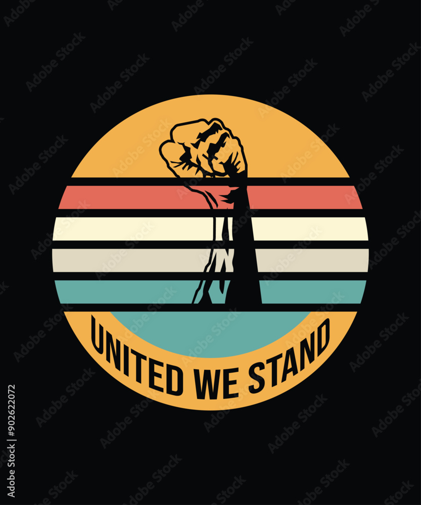 Naklejka premium a black background with a yellow and red retro circle that says united we stand.