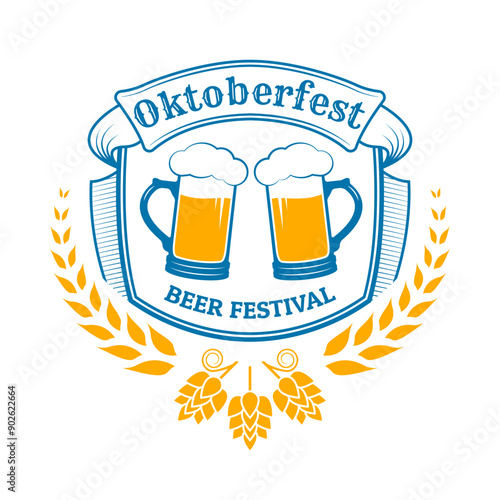 Oktoberfest logo, label or badge with beer mug, cheers icon. Octoberfest, German beer festival poster or banner design. Vector illustration.