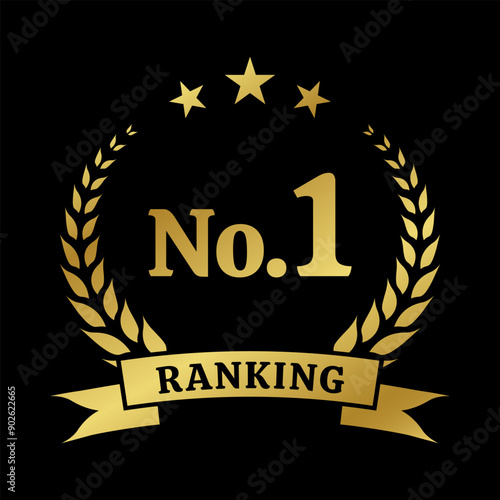 Ranking award. No. 1 rank icon. First place emblem with laurel wreath. Number 1, Best choice golden label or badge. Vector illustration.