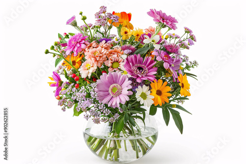 Wallpaper Mural A vibrant bouquet of pink, yellow, and orange flowers in a clear glass vase against a white background. Torontodigital.ca