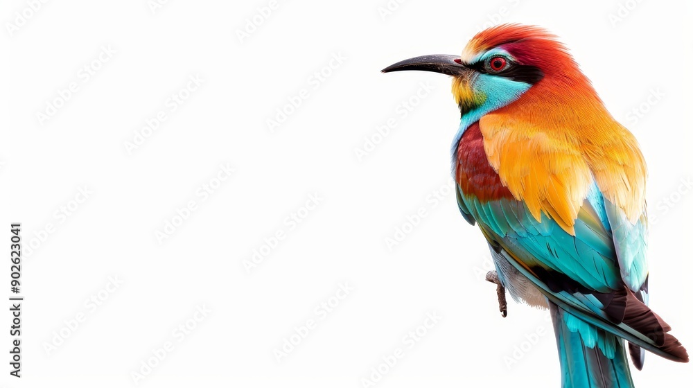 Colorful tropical bird with striking long tail, isolated, plain background, left side copy text space Colorful tropical bird with striking long tail, isolated, plain background, left side copy text space