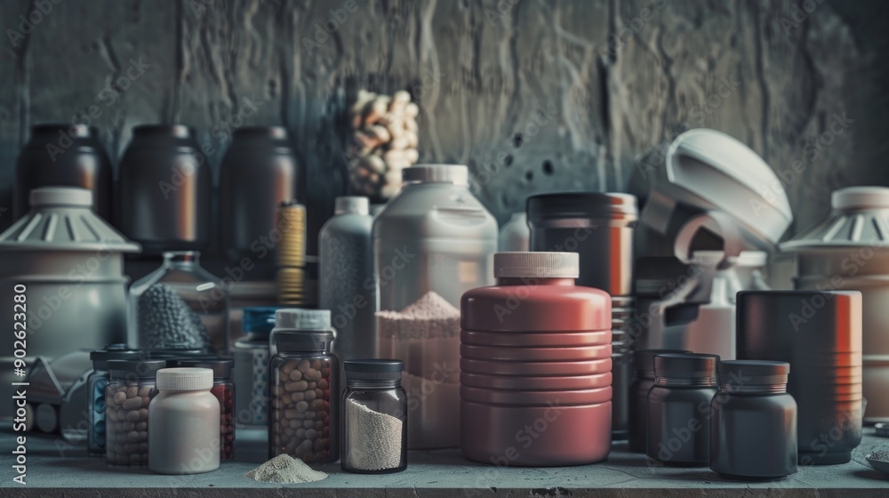 A table full of various containers, including some that are labeled A table full of various containers, including some that are labeled