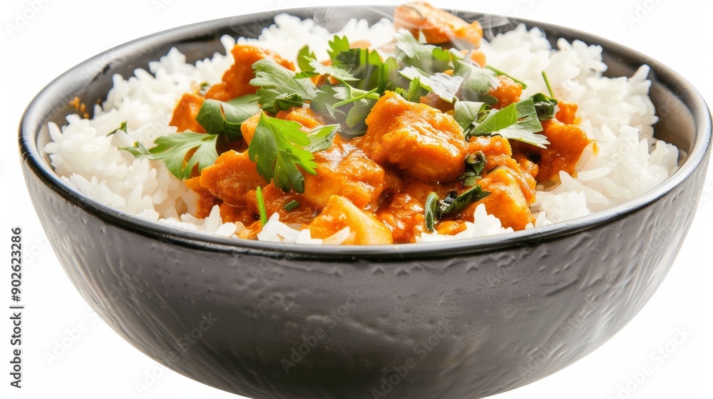 Curry bowl with steaming rice, isolated background, extra space for copy text, bright and appetizing colors, and fine textures Curry bowl with steaming rice, isolated background, extra space for copy text, bright and appetizing colors, and fine textures