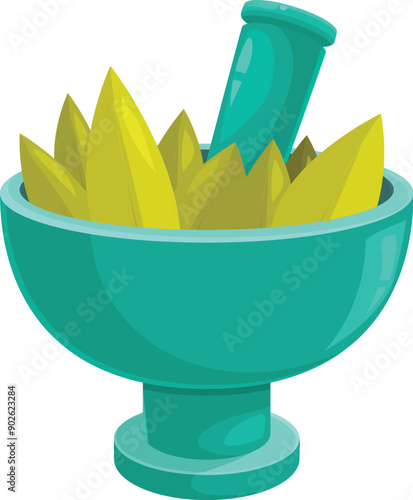 Mortar and pestle crushing leaves for natural medicine preparation