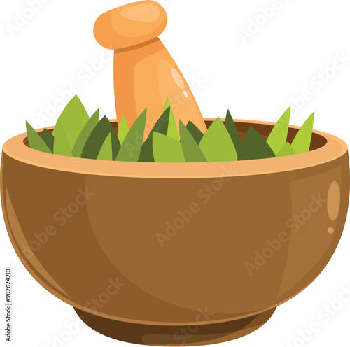 Wooden mortar and pestle crushing herbs, symbolizing traditional medicine preparation