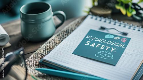 The inscription on the notepad is Psychological Safety. Concepts of psychological safety at work