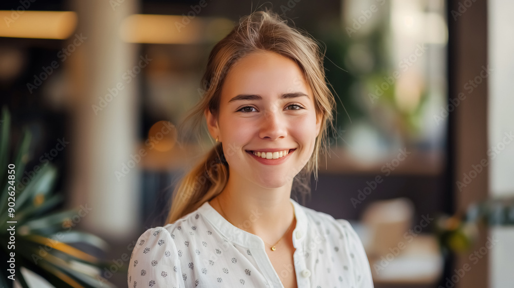 A happy young woman in an office setting A happy young woman in an office setting