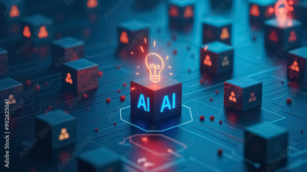An icon shows an AI light bulb surrounded by small wooden blocks with business people icons on them An icon shows an AI light bulb surrounded by small wooden blocks with business people icons on them