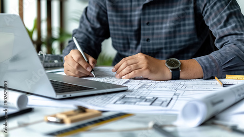 A focused male architect working at a laptop, with architectural drawings and tools on the table