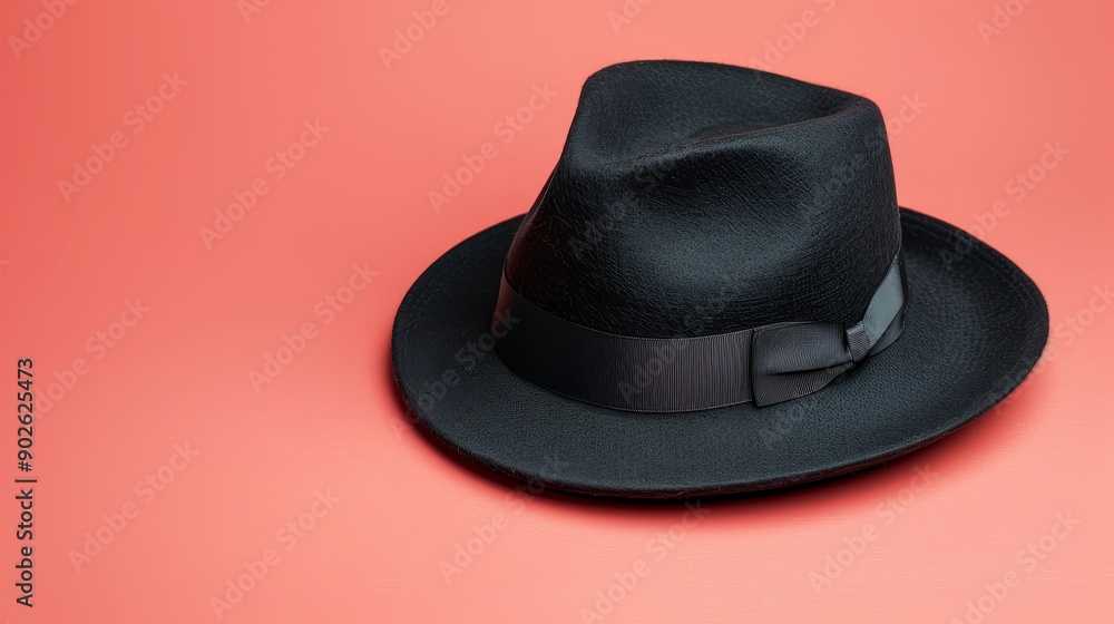 Chic black fedora with a glossy ribbon, isolated on a solid color background, plenty of text space Chic black fedora with a glossy ribbon, isolated on a solid color background, plenty of text space