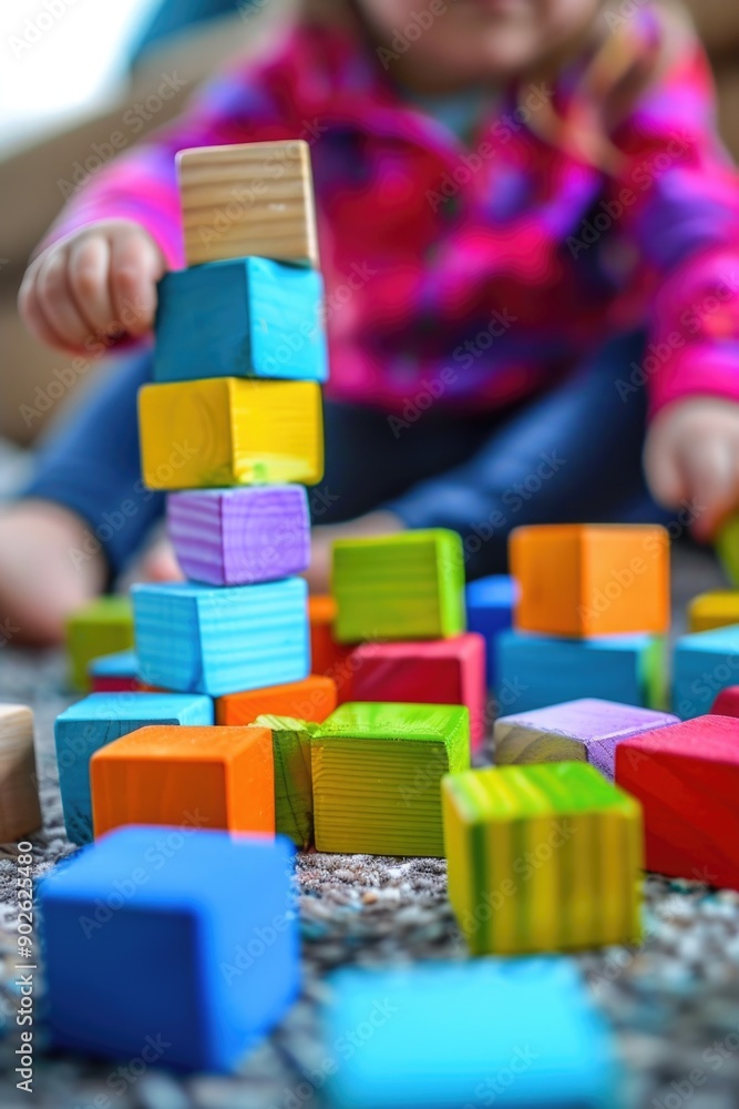 A child is playing with a stack of colorful wooden blocks. The blocks are arranged in a tower, with the child reaching up to add another block to the top. Concept of playfulness and curiosity A child is playing with a stack of colorful wooden blocks. The blocks are arranged in a tower, with the child reaching up to add another block to the top. Concept of playfulness and curiosity