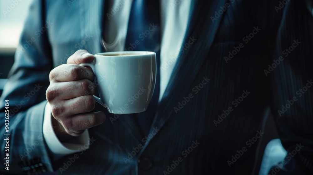 A man in a suit holding a white coffee cup. The man is wearing a tie and is dressed in a business suit. Concept of professionalism and sophistication A man in a suit holding a white coffee cup. The man is wearing a tie and is dressed in a business suit. Concept of professionalism and sophistication