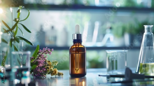 Natural Essential Oil in a Dropper Bottle on a Laboratory Table