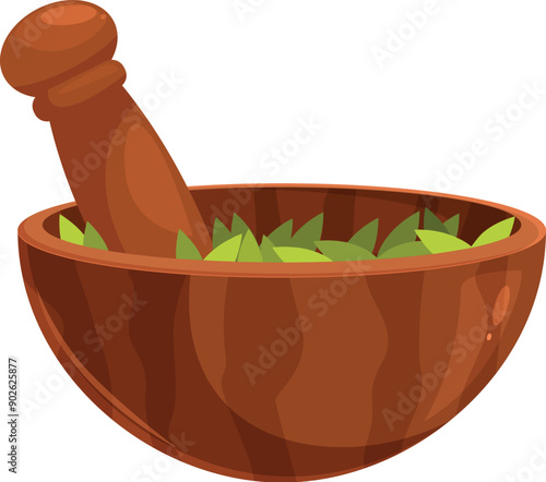 Wooden mortar and pestle crushing herbs, creating a natural remedy in a concept of traditional medicine