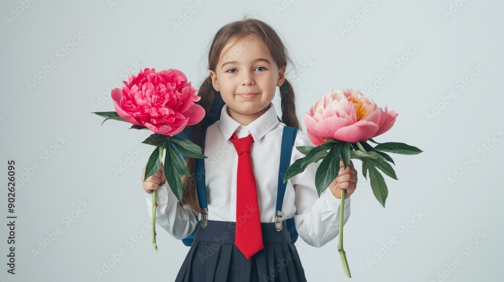 cute little girl in school uniform with red tie holding two peonies in her hands, isolated on white background with natural light and soft tones in a full body portrait cute little girl in school uniform with red tie holding two peonies in her hands, isolated on white background with natural light and soft tones in a full body portrait