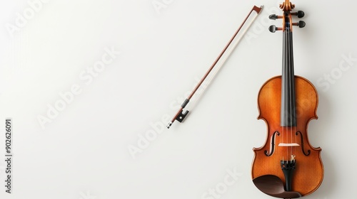 Classic wooden violin with a bow, isolated on a pure white background, generous space for text