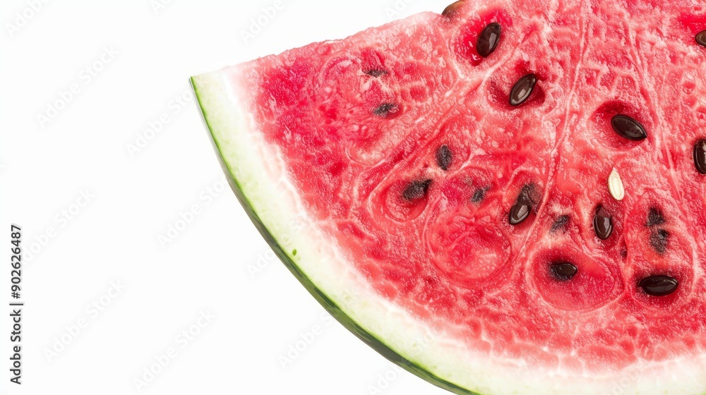Close-up of a juicy watermelon slice with seeds, isolated on white background, plenty of space for copy text, refreshing and summer-themed Close-up of a juicy watermelon slice with seeds, isolated on white background, plenty of space for copy text, refreshing and summer-themed