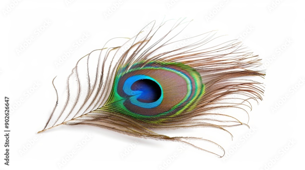 Obraz premium Close-up of a vibrant peacock feather with eye pattern, isolated on a white background, space for copy text