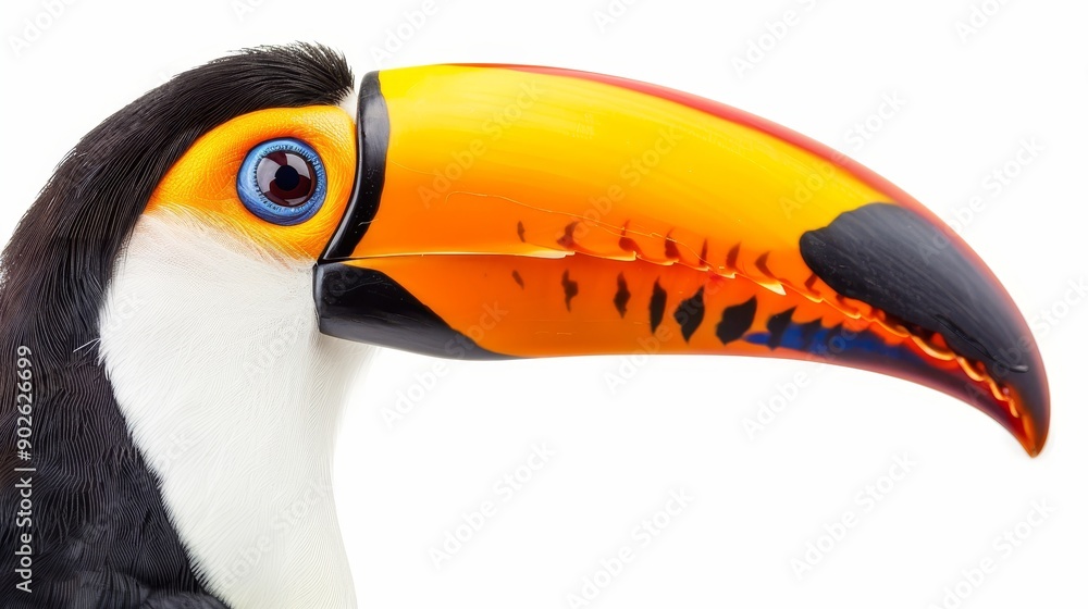 Obraz premium Close-up of a vibrant toucan, showcasing its colorful beak, with isolated white background and space for copy text