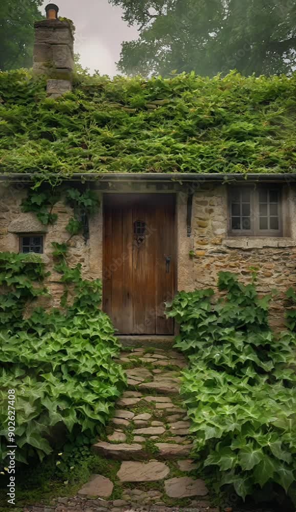 front of an abandoned old stone house, creeping plants, seamless looping 4k video Vertical animated background front of an abandoned old stone house, creeping plants, seamless looping 4k video Vertical animated background