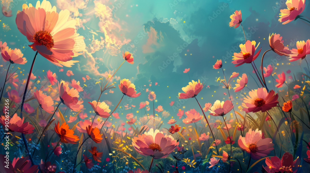 Vibrant field of pink flowers blooming under a bright blue sky with fluffy clouds, creating a dreamy landscape. Vibrant field of pink flowers blooming under a bright blue sky with fluffy clouds, creating a dreamy landscape.
