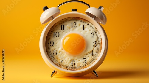Close up fried eggs on alarm clocks face with time numbers. Breakfast time concept isolated on vibrant yellow background