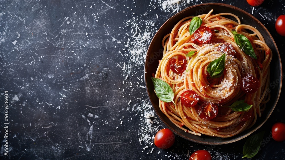 A tempting bowl of pasta garnished with colorful cherry tomatoes, fresh basil leaves, and a generous sprinkle of grated cheese, capturing the essence of Italian cuisine. A tempting bowl of pasta garnished with colorful cherry tomatoes, fresh basil leaves, and a generous sprinkle of grated cheese, capturing the essence of Italian cuisine.