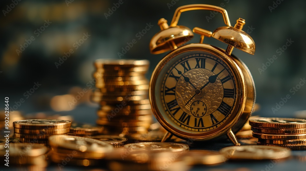 gold clock with gold coins. Time is money concept gold clock with gold coins. Time is money concept