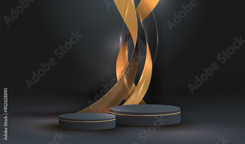 Black podium with golden ribbons background. Gold ribbon lines geometric wall background. Light scene for display products, cosmetic showcase design. Vector empty studio.