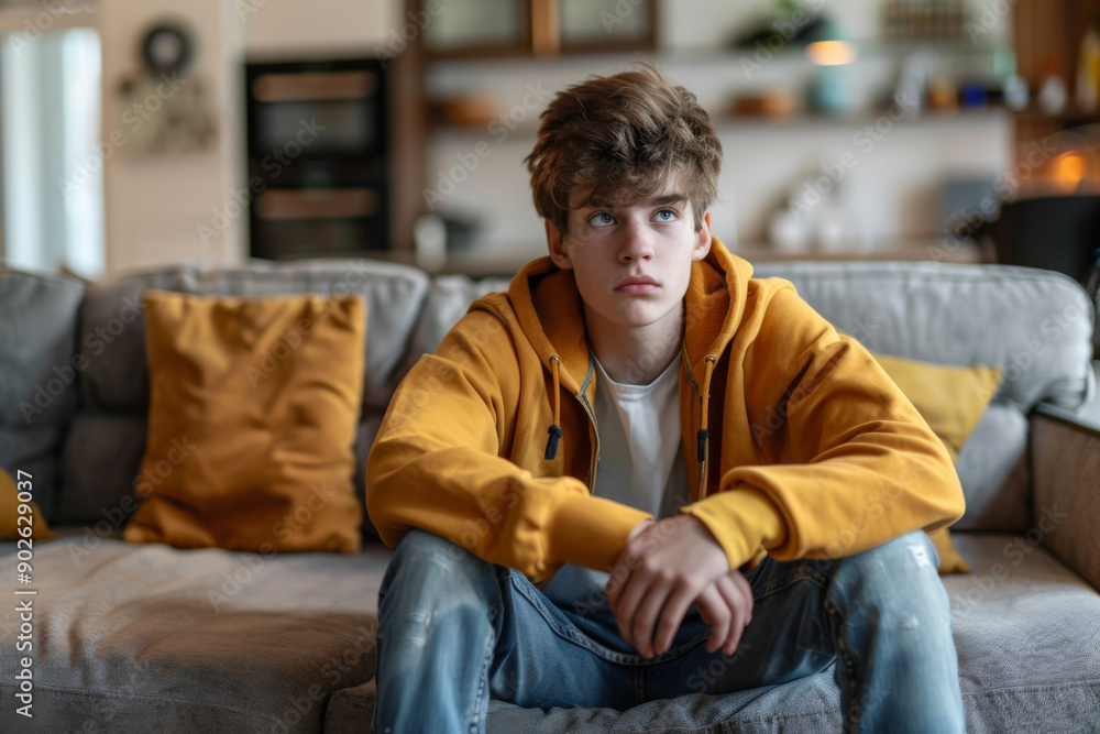 Fototapeta premium Sad teenager in a yellow hoodie sitting on a couch, looking away