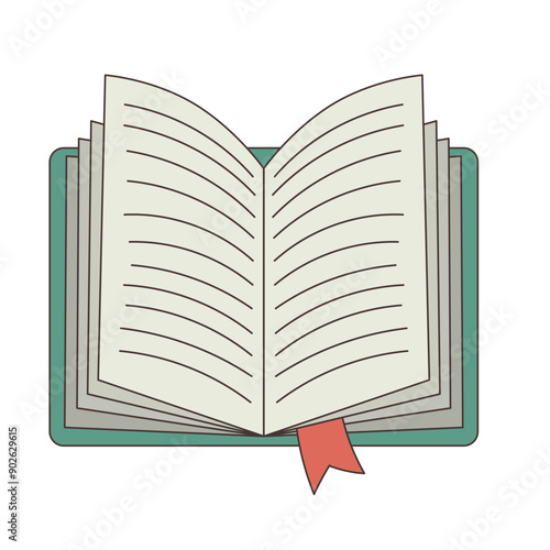 Open book with bookmark. Top view. Flat style, children's illustration on white background.