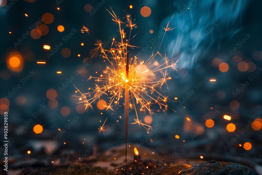 Obraz premium Bright Sparkler Glows Amidst Dark Background Creating Festive Atmosphere at Evening Gathering