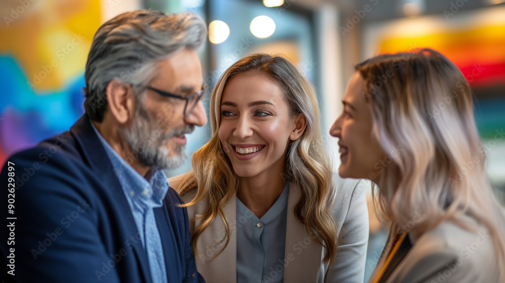 Smiling Business People in Meeting, Discussing a Project, Corporate Team Collaboration Smiling Business People in Meeting, Discussing a Project, Corporate Team Collaboration