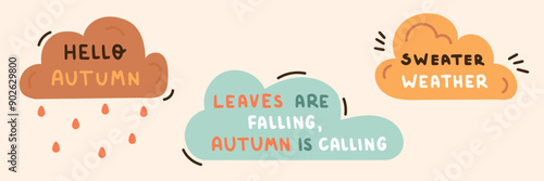 Autumn clouds hand drawn lettering vector set