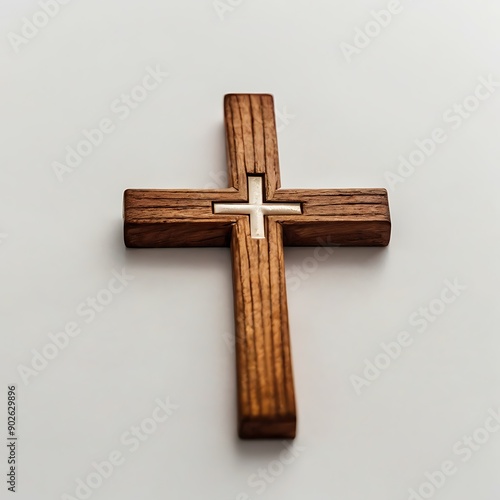 Wooden holy cross on solid white background, holy cross of Christianity, concept of god, religion, Jesus Christ and faith