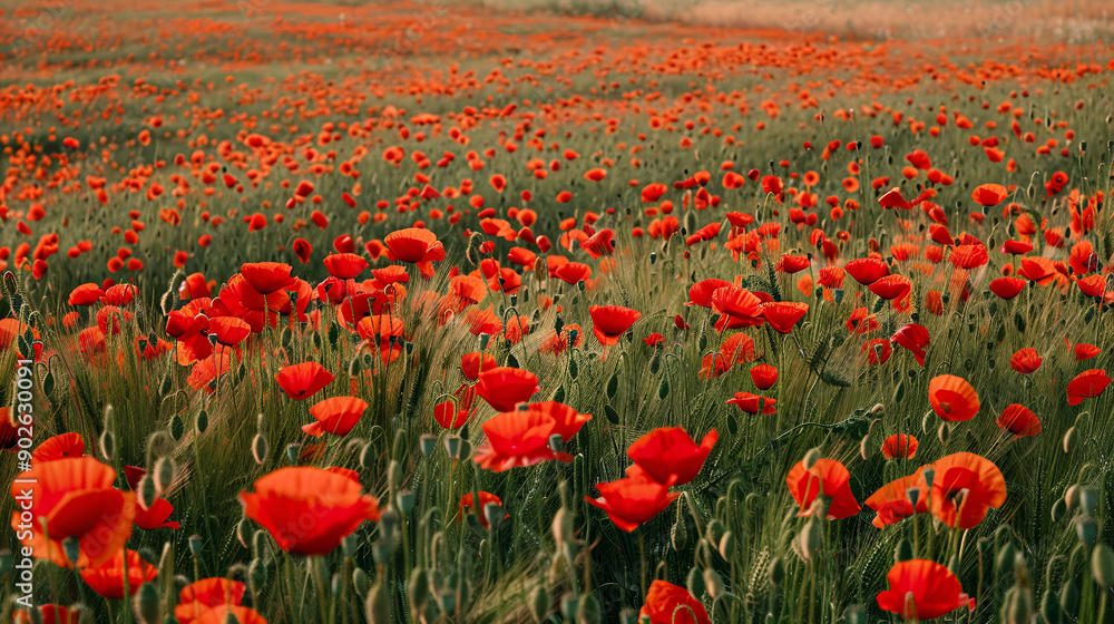 Obraz premium red corn poppy flowers in early summer, Red poppy flowers field, close up early in the morning, Beautiful red poppy flowers in the field at sunset Soft focus