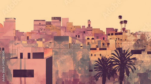 Risograph stencilled riso print travel poster, card, wallpaper or banner illustration, modern, isolated, clear, simple of Al Khums, Libya. Artistic, screen printing, stencil photo