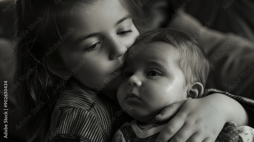 A young girl is hugging a baby. The girl is wearing a striped shirt and the baby is wearing a striped shirt as well. The scene is warm and loving, with the girl and baby sharing a close bond A young girl is hugging a baby. The girl is wearing a striped shirt and the baby is wearing a striped shirt as well. The scene is warm and loving, with the girl and baby sharing a close bond